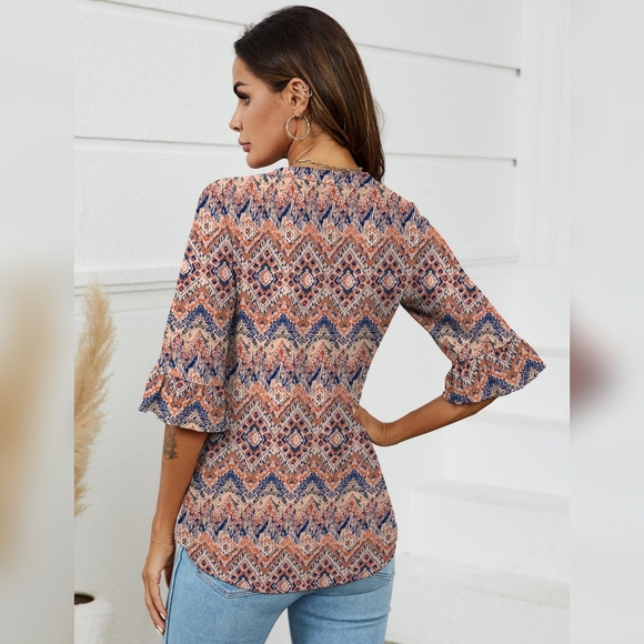 NEW LOMON V-Neck Aztex Print 3/4 Length Ruffle Sleeve Casual Tunic Top Blouse M - Picture 4 of 6